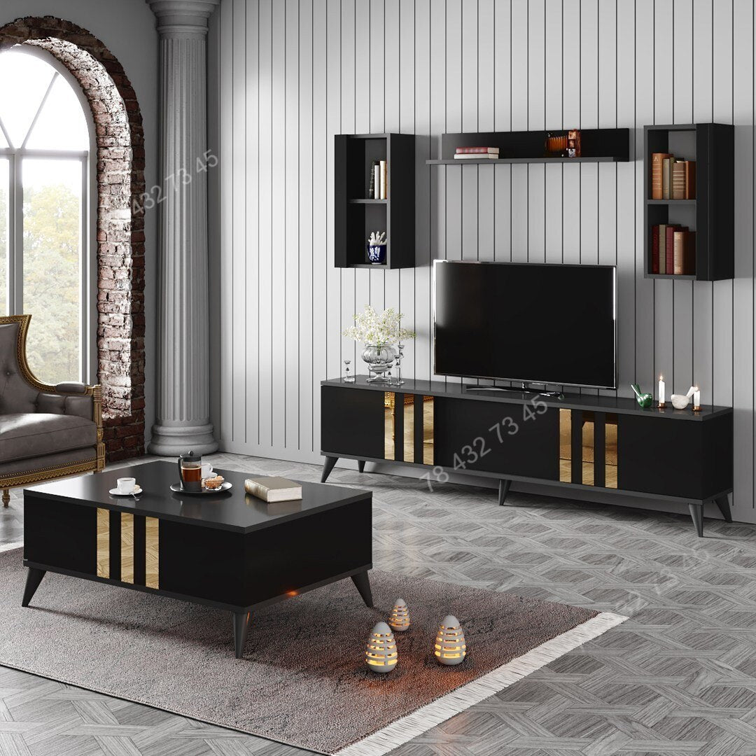 Meuble TV + Table Basse - Noir & Gris - 1m80 Meuble TV + Table Basse - Noir & Gris - 1m80