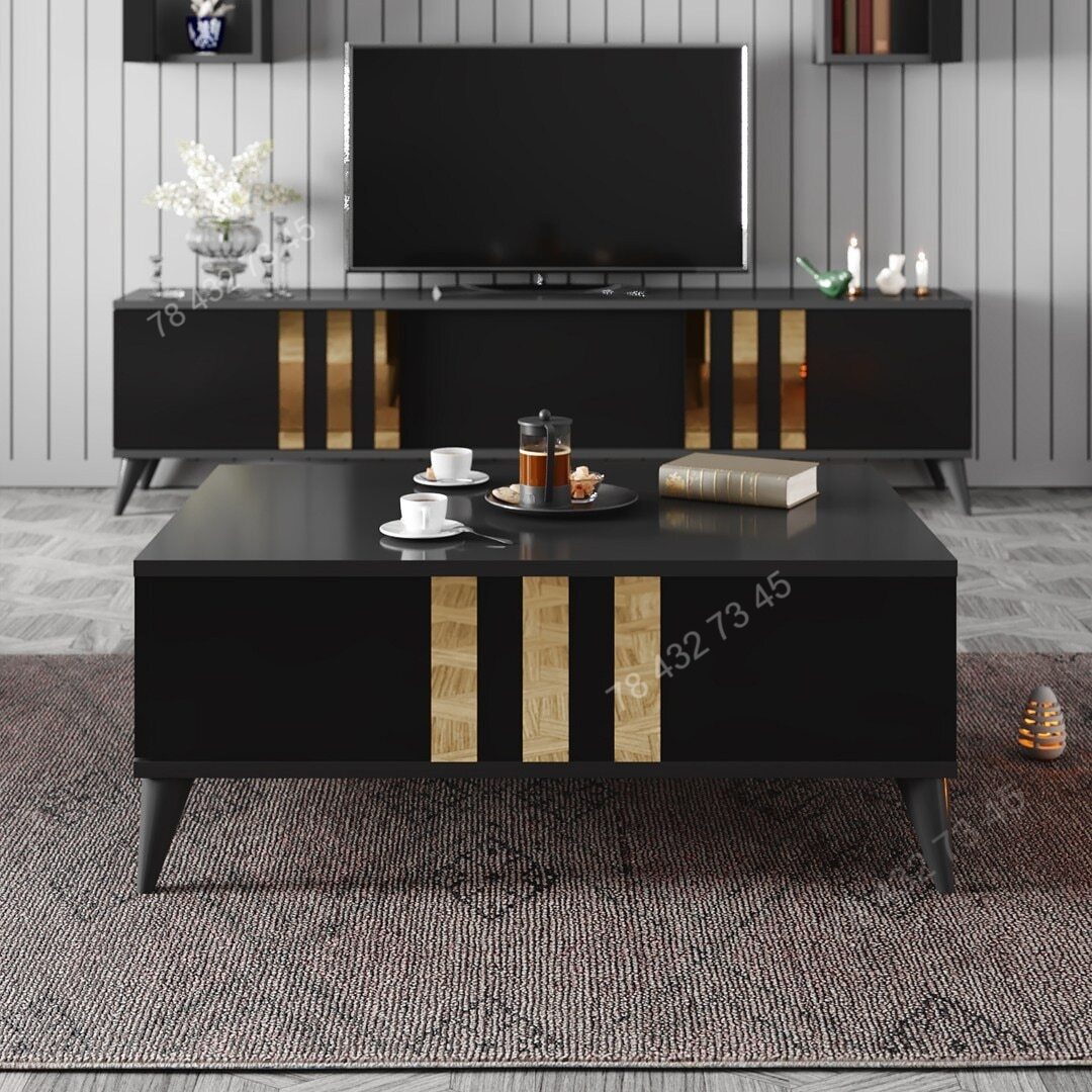 Meuble TV + Table Basse - Noir & Gris - 1m80 Meuble TV + Table Basse - Noir & Gris - 1m80