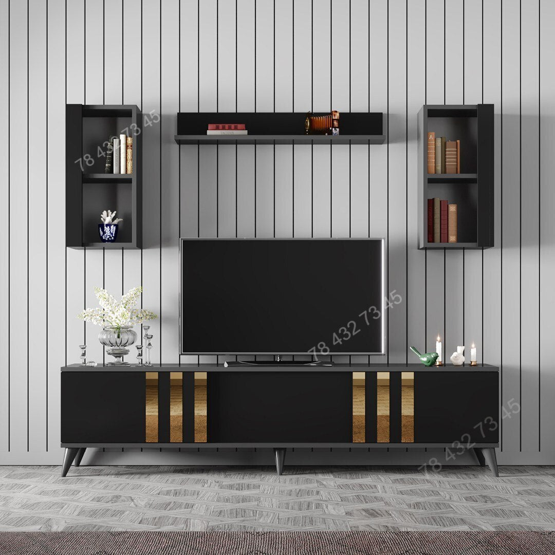 Meuble TV Noir Gris Avec Bandes Dorées- 1m80 Meuble TV Noir Gris Avec Bandes Dorées- 1m80