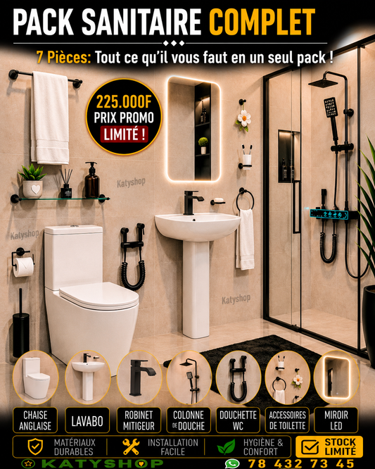 Pack Sanitaire complet - 7 Pièces: Tout ce qu'il vous faut en un seul Pack - Chaise et lavabo en blanc