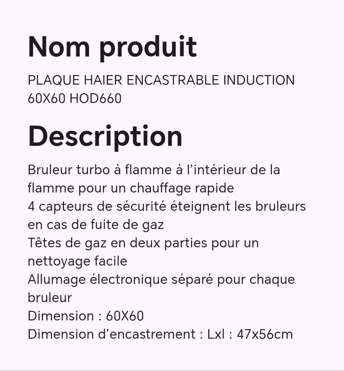 PLAQUE HAIER ENCASTRABLE INDUCTION 60X60 HOD660