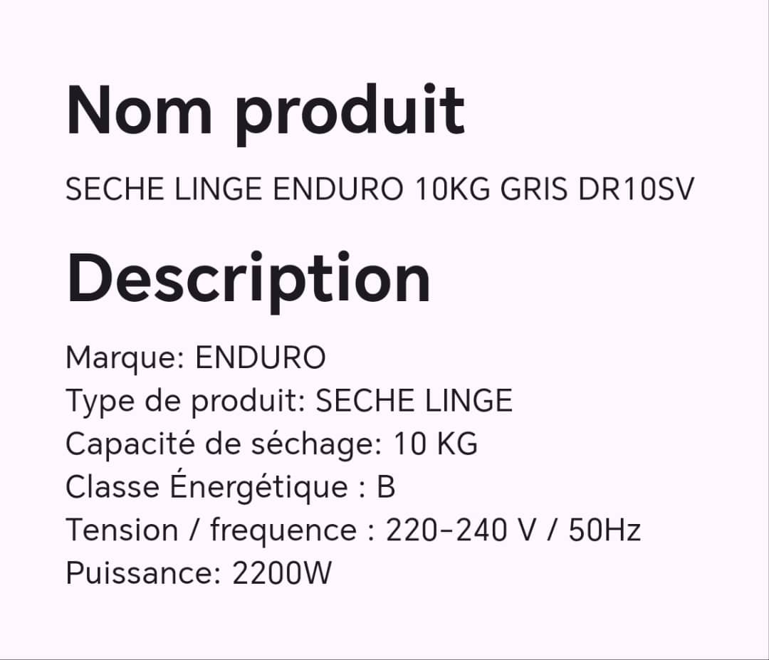 SECHE LINGE ENDURO 10KG GRIS DR10SV