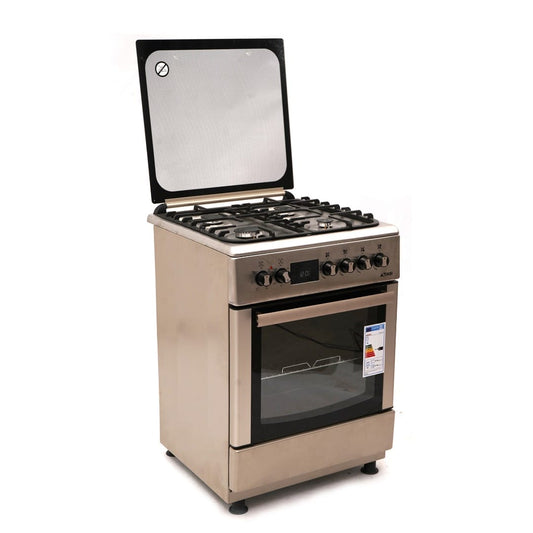 CUISINIERE ASTECH 4FEUX 60X60 A GAZ AVEC ECRAN + FOUR A GAZ ET CHAULEUR TOURN INOX CK66ELCF