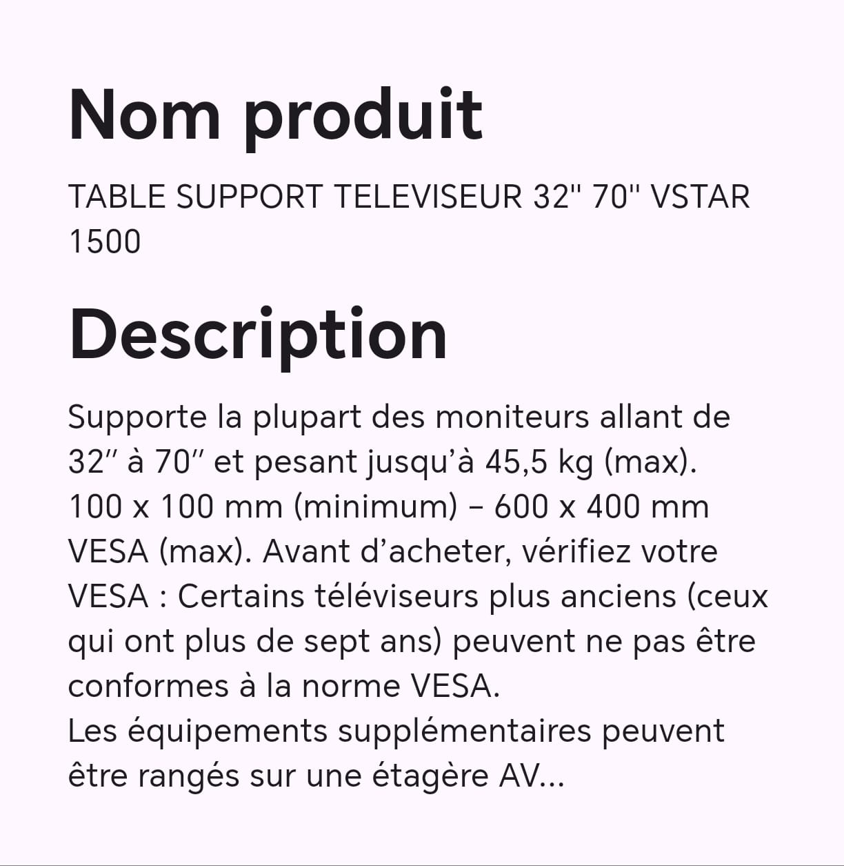 TABLE SUPPORT TELEVISEUR 32" 70" VSTAR 1500