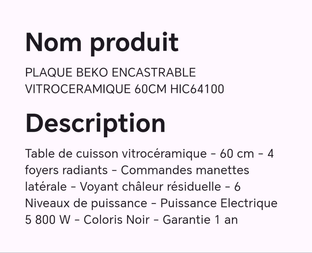 PLAQUE BEKO ENCASTRABLE VITROCERAMIQUE 60CM HIC64100