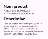PLAQUE BEKO ENCASTRABLE VITROCERAMIQUE 60CM HIC64100