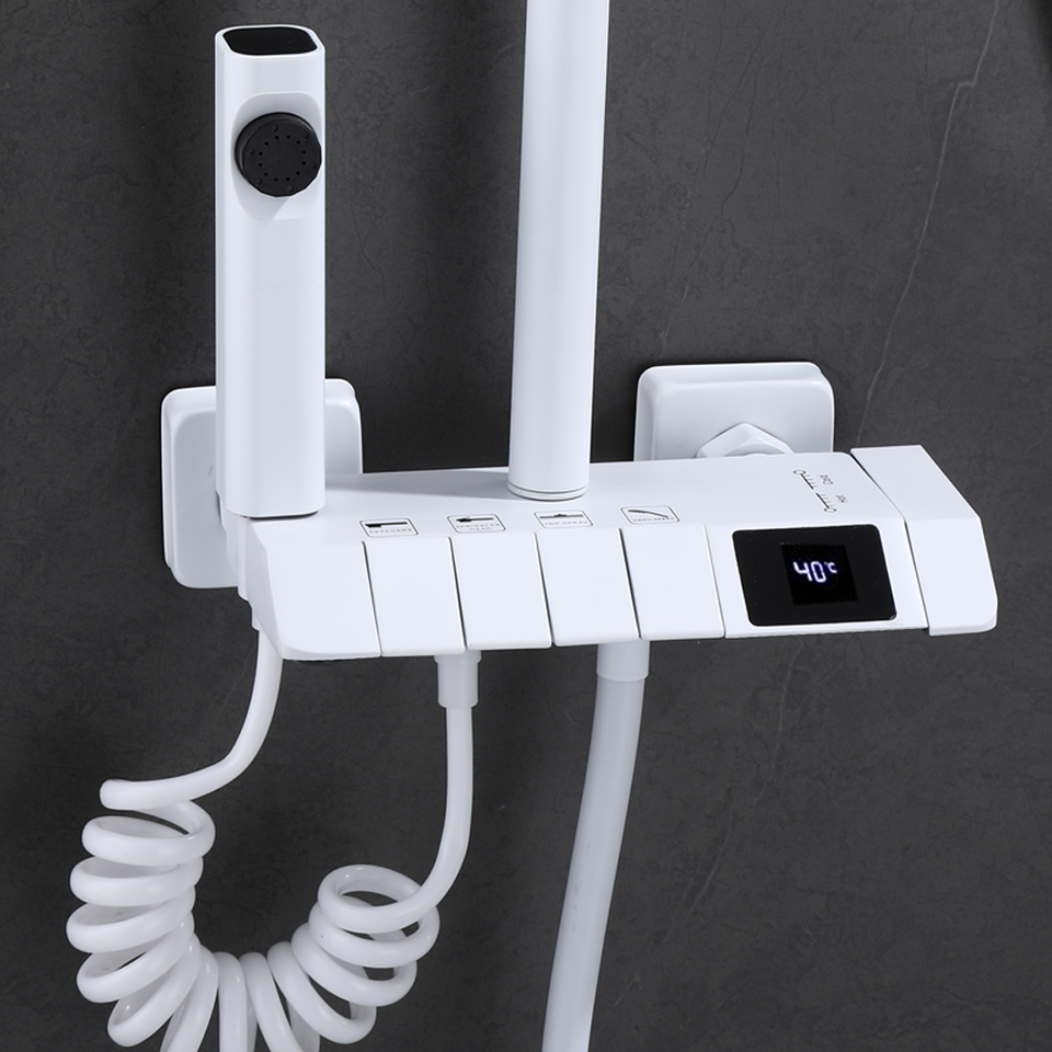 Colonne de douche Gris avec robinetterie murale à affichage numérique LED, mitigeur effet pluie, ensemble de douche 4 jets avec pommeau de douche effet pluie de 30 cm, douchette à main 3 jets et bidet intégré.