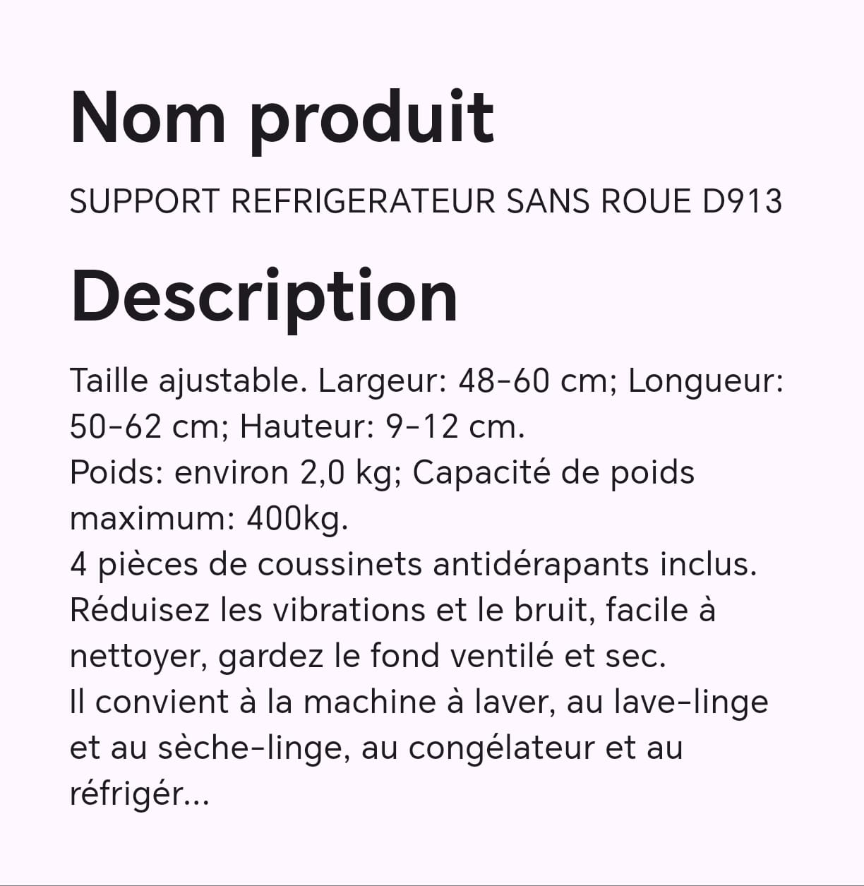 SUPPORT REFRIGERATEUR SANS ROUE D913