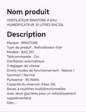 VENTILATEUR BINATONE A EAU HUMIDIFICATEUR 20LITRES BAC20L