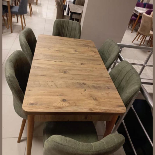 TABLE A MANGER EXTENSIBLE 80X130/80X180 MARRON 6 CHAISES VERT