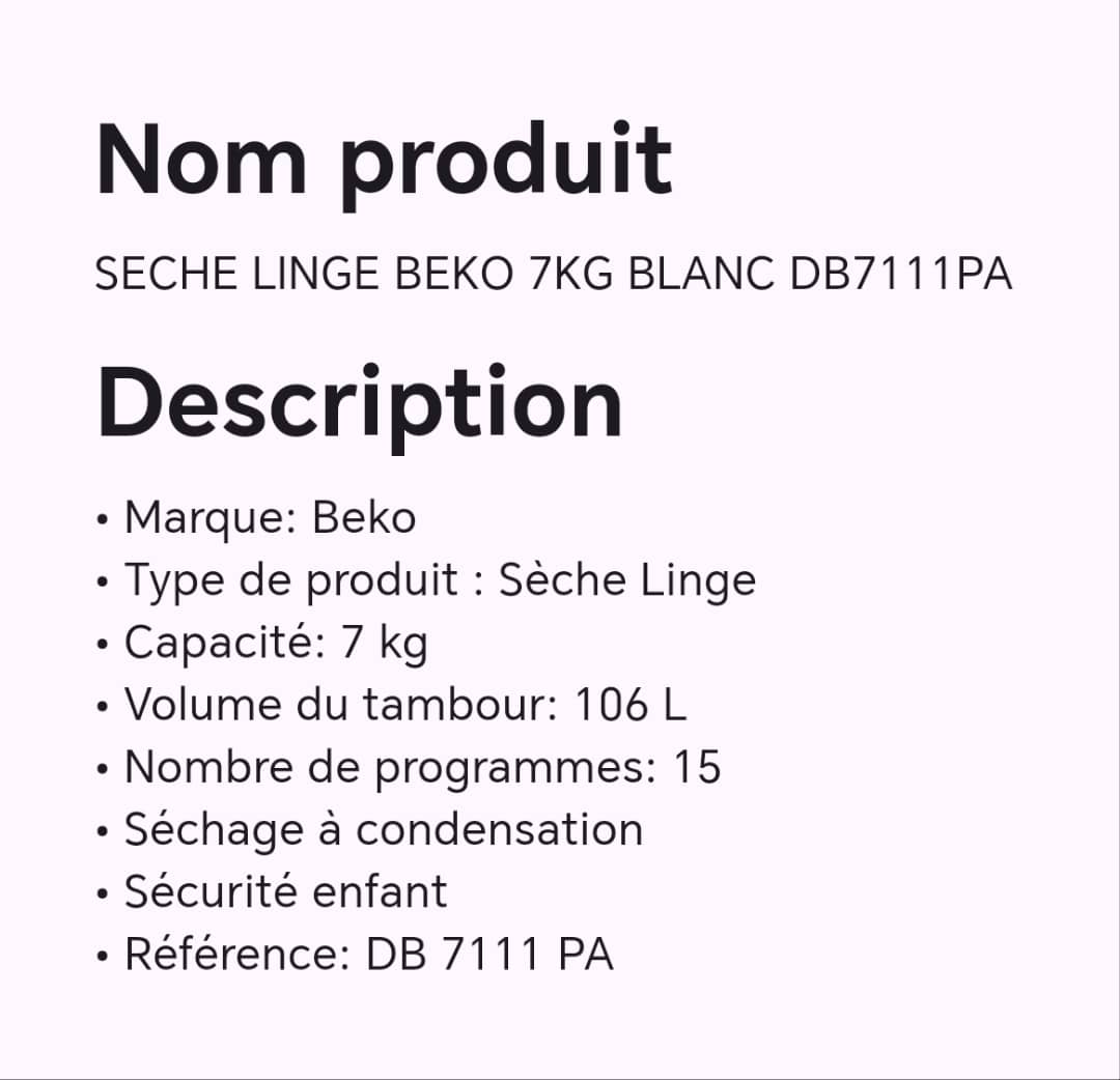 SECHE LINGE BEKO 7KGBLANC DB7111PA