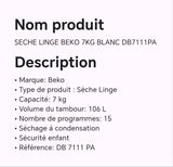 SECHE LINGE BEKO 7KGBLANC DB7111PA