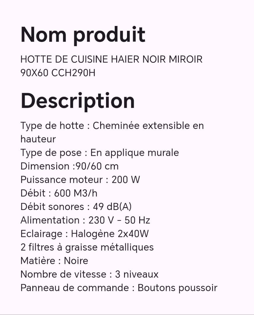 HOTTE DE CUISINE HAIER NOIR MIROIR 90X60 CCH290H