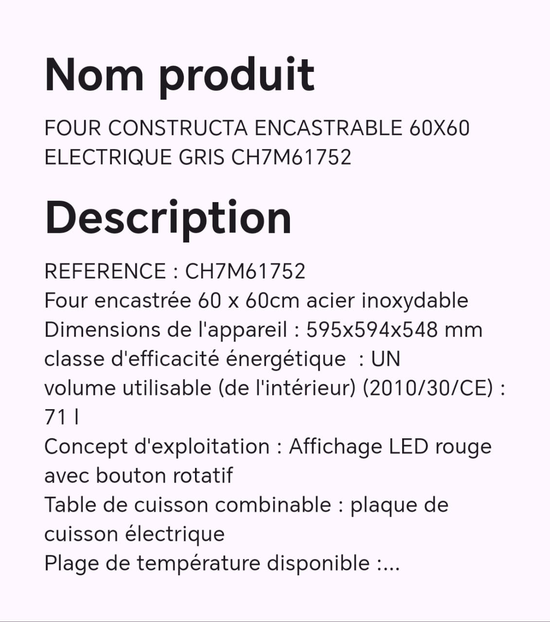 FOUR CONSTRUCTA ENCASTRABLE 60X60 ELECTRIQUE GRIS CH7M61752