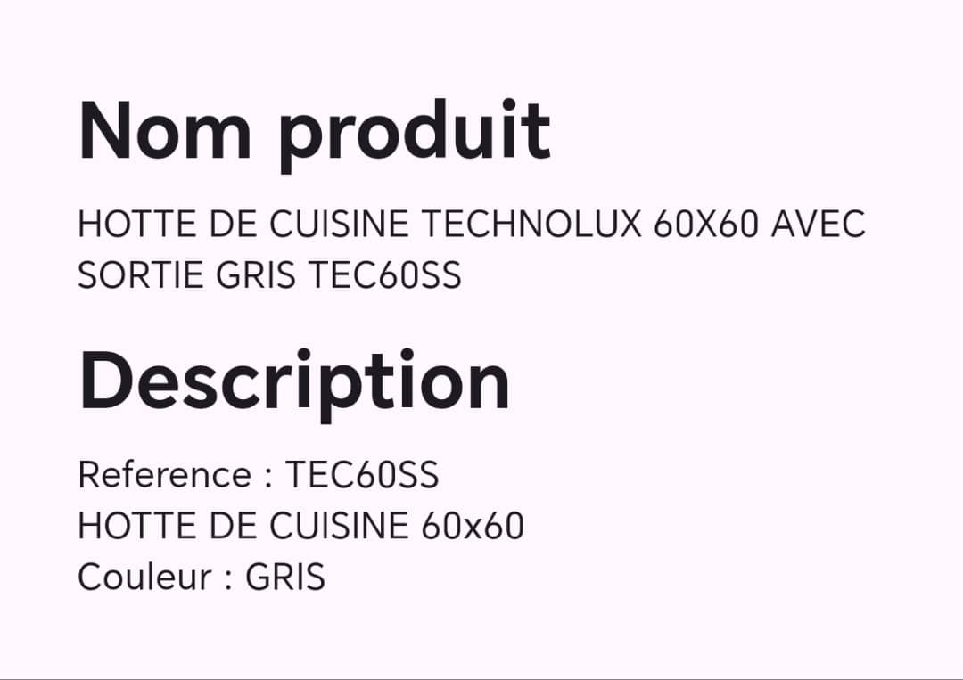 HOTTE DE CUISINE TECHNOLUX 60X60 AVEC SORTIE GRIS TEC60SS
