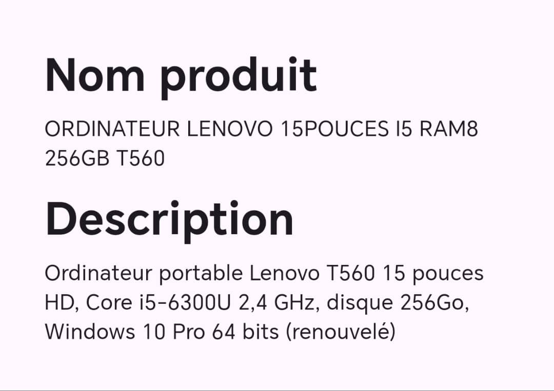ORDINATEUR LENOVO 15 POUCES I5 RAM8 256GB T560