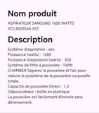 ASPIRATEUR SAMSUNG 1600WATTS VCC4320S3A XST