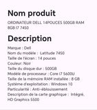 ORDINATEUR DELL 14POUCES 500GB RAM 8GB I7 7450