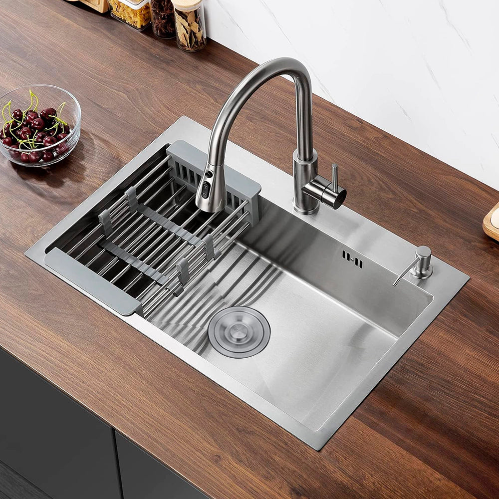 Évier de cuisine à une cuve en acier inoxydable avec égouttoir, à encastrer, dimensions : 60x45