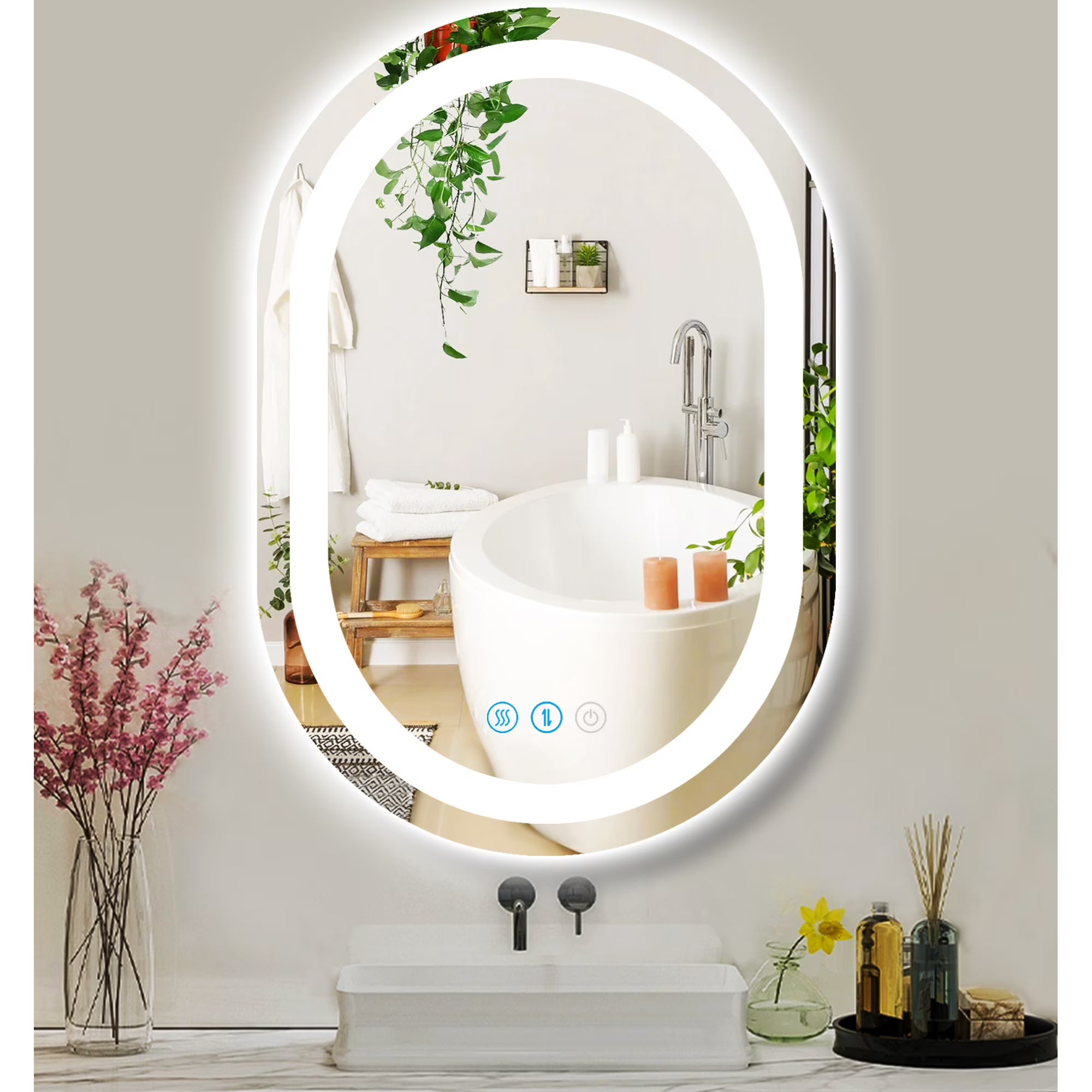 Miroir de salle de bain ovale à LED de 80 x 50 cm avec éclairage frontal, mémoire intelligente, 3 couleurs de luminosité réglable, antibuée. Miroir de courtoisie ovale lumineux de 80 cm pour salle de bain, fixation murale horizontale ou verticale.