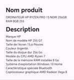 ORDINATEUR HP RYZEN PRO 15 NOIR 256GB RAM 8GB 255