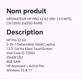 ORDINATEUR HP PRO X2 G2 2IN1 12.3 INTEL CI57200U 256SSD RAM8