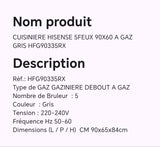 CUISINIERE HISENSE 5FEUX 90X60 A GAZ GRIS HFG90335RX