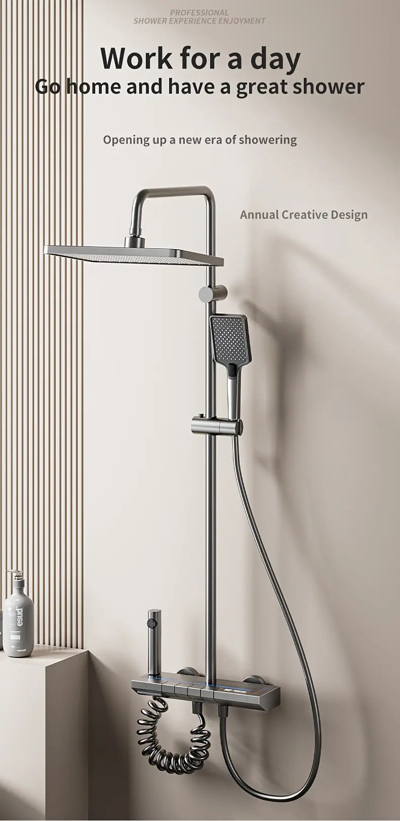 Colonne de douche mitigeur avec affichage numérique de la température, système de douche à effet pluie mural avec pommeau de douche à effet piano