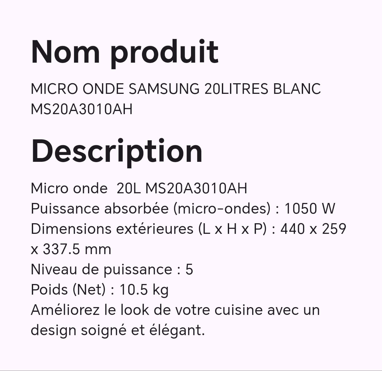 MICRO ONDE SAMSUNG 20LITRES BLANC MS20A3010AH