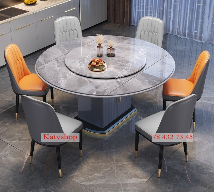 Table A Manger Extensible - Marbre Gris - Avec Vaissellier Intégré