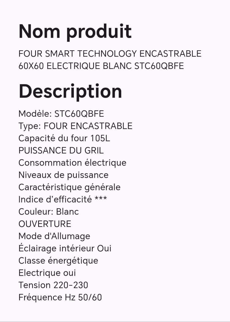 FOUR SMART TECHNLOGY ENCASTRABLE 60X60 ELECTRIQUE BLANC STC60QBFE