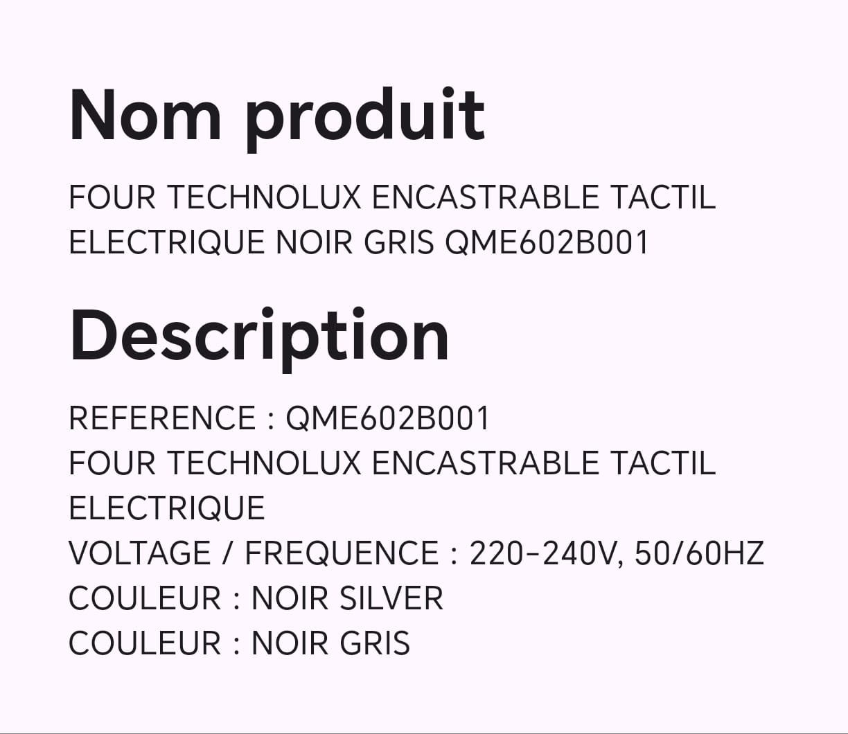 FOUR TECHNOLUX ENCASTRABLE TACTIL ELECTRIQUE NOIR GRIS QME602B001