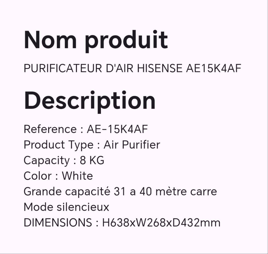 PURIFICATEUR D'AIR HISENSE AE15K4AF