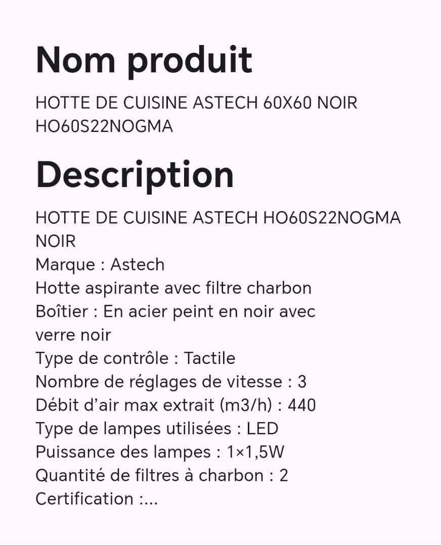 HOTTE DE CUISINE ASTECH 60X60 NOIR H060S22NOGMA