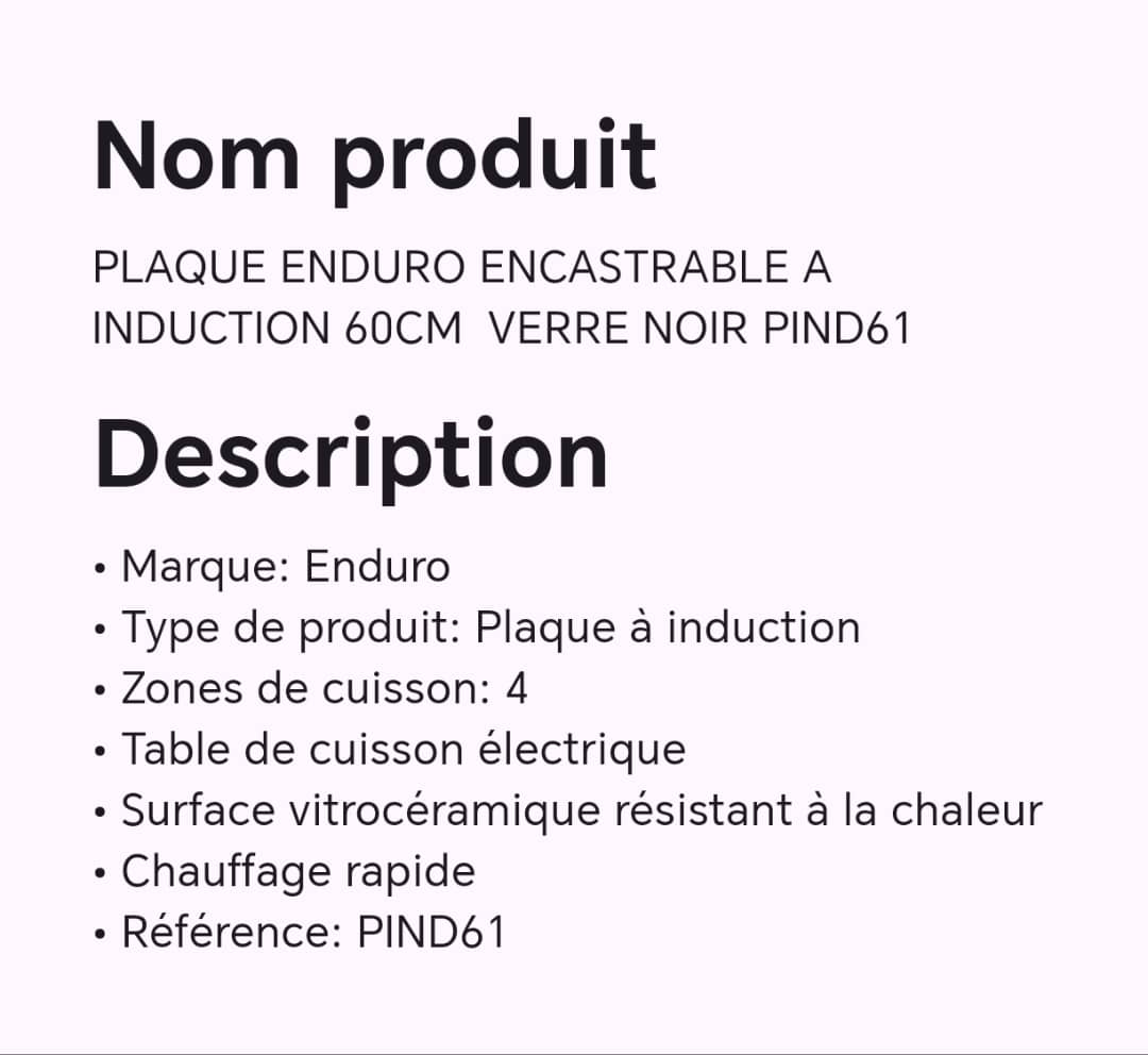 PLAQUE ENDURO ENCASTRABLE A INDUCTION 60CM VERRE NOIR PIND61