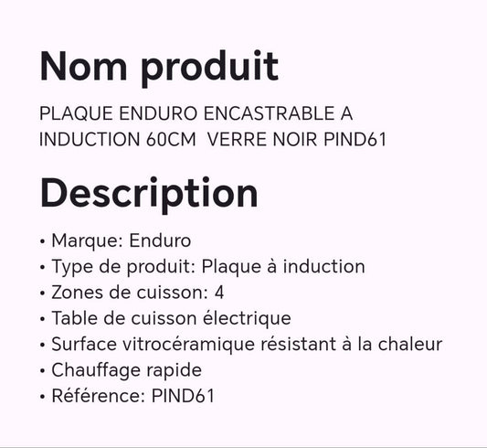 PLAQUE ENDURO ENCASTRABLE A INDUCTION 60CM VERRE NOIR PIND61