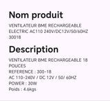 VENTILATEUR BME RECHARGEABLE ELECTRIC AC110 240V/DC12V/50/60HZ