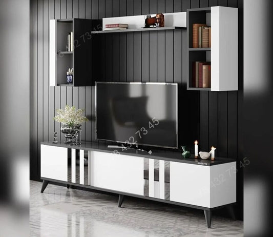 Meuble TV Noir & Blanc - Avec Bandes Argentées -  1m80