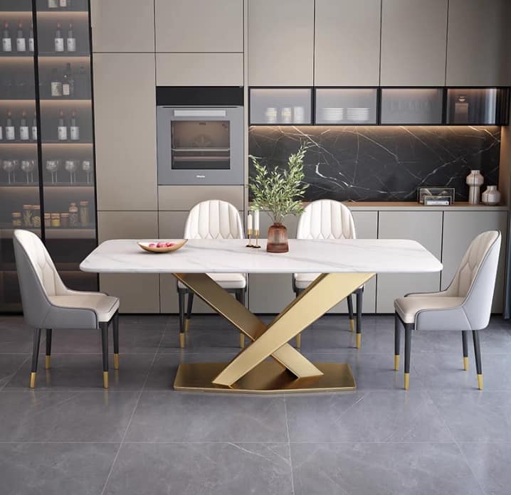 Table A Manger - Marbre Blanc et Pied Doré en X