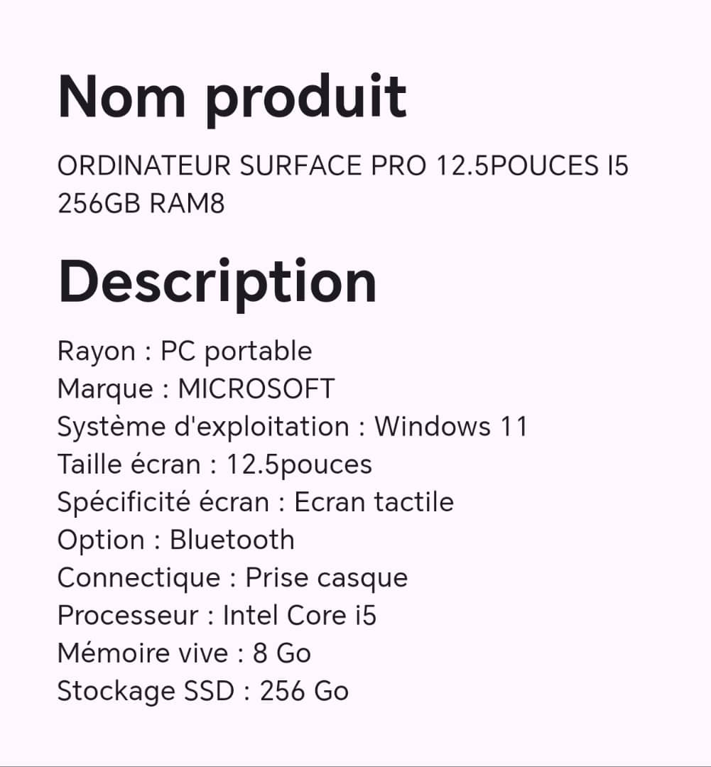 ORDINATEUR SURFACE PRO 12.5POUCES I5 256GB RAM8