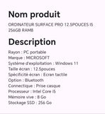 ORDINATEUR SURFACE PRO 12.5POUCES I5 256GB RAM8