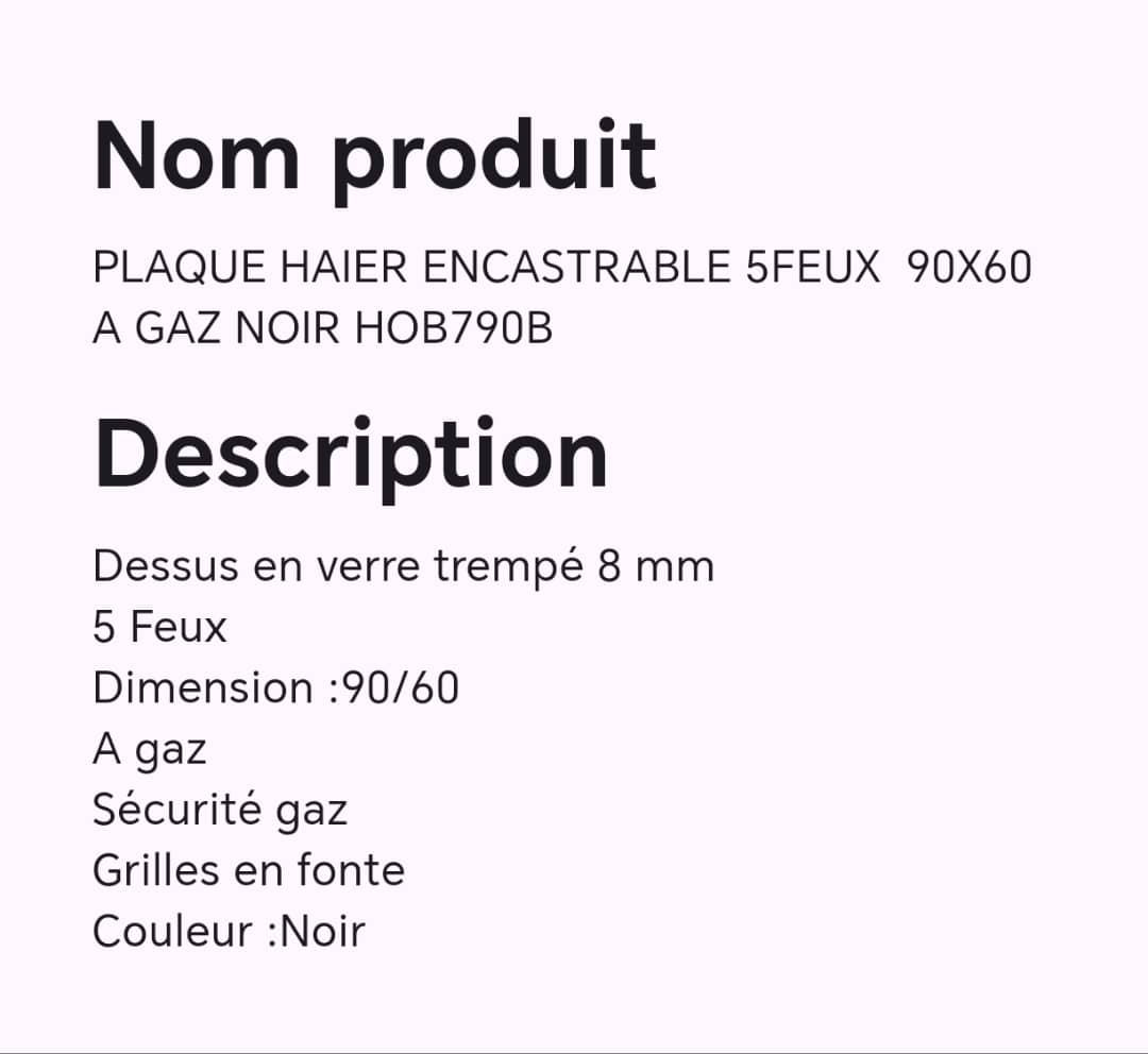 PLAQUE HAIER ENCASTRABLE 5FEUX 90X60 A GAZ NOIR HOB790B