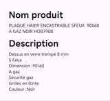 PLAQUE HAIER ENCASTRABLE 5FEUX 90X60 A GAZ NOIR HOB790B