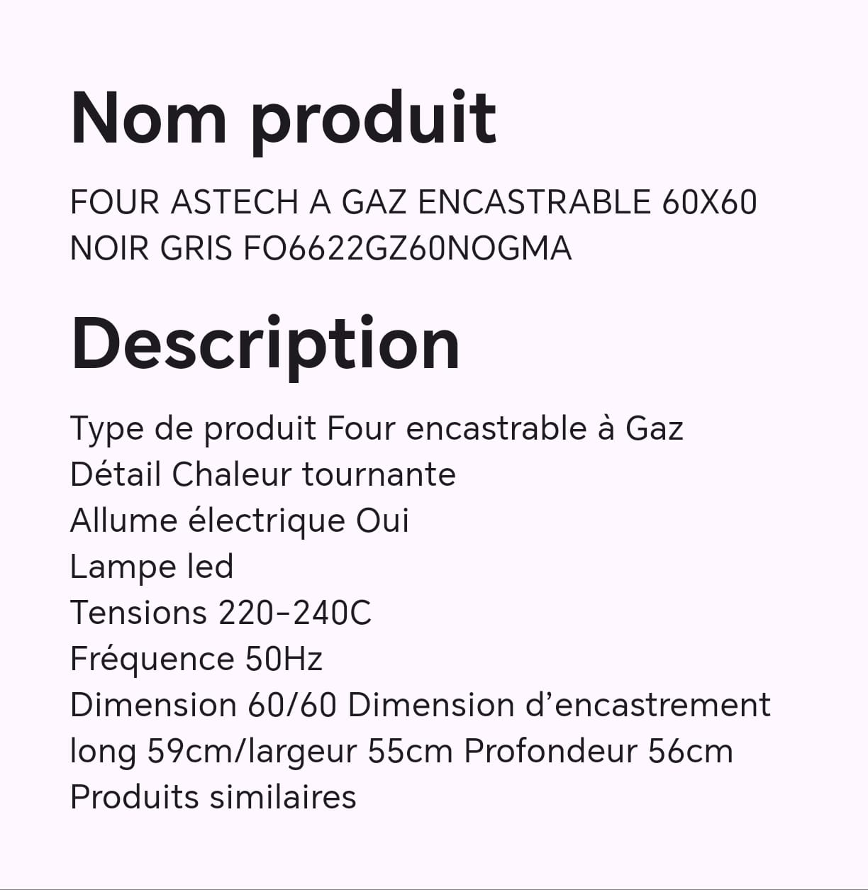 FOUR ASTECH A GAZ ENCASTRABLE 60X60 NOIR GRIS FO6622GZ60NOGMA