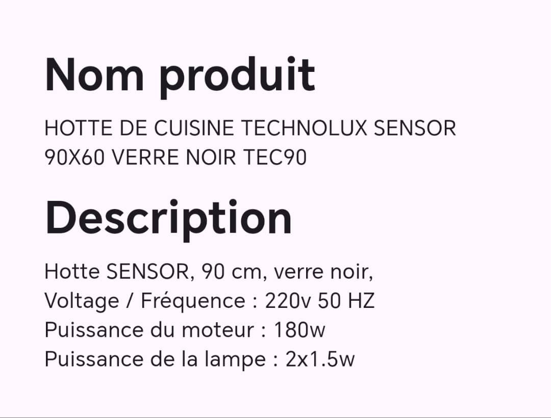 HOTTE DE CUISINE TECHNOLUX SENSOR 90X60 VERRE NOIR TEC90