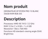 ORDINATEUR HP RYZEN PRO 15 BLANC 256GB RAM 8 GB 255
