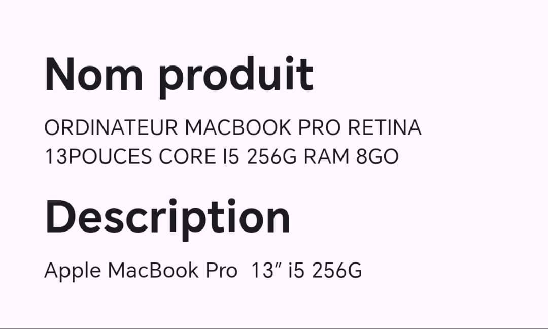 ORDINATEUR MACBOOK PRO RETINA 13POUCES CORE I5 256G RAM 8GO