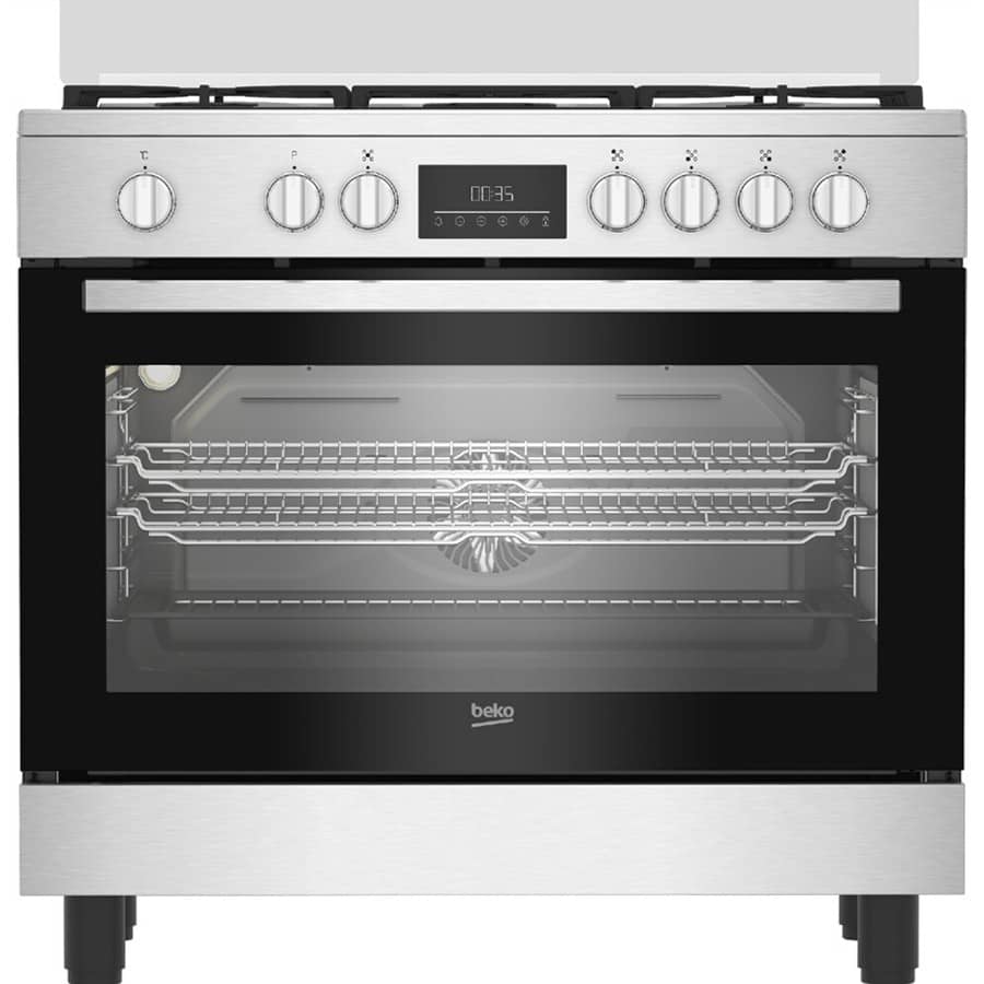 Cuisinière Beko 5feux 90X60 à gaz full option ventilo+ four électrique inox BGM11226EX