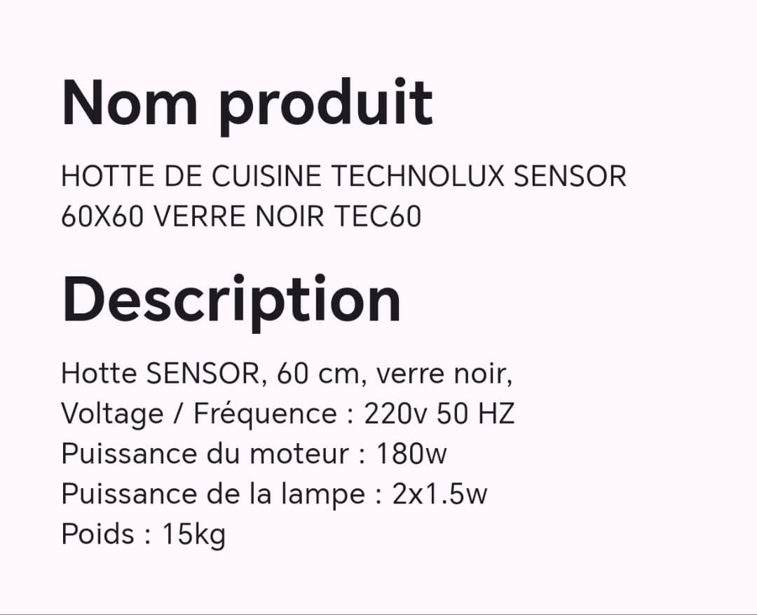 HOTTE DE CUISINE TECHNOLUX SENSOR 60X60 VERRE NOIR TEC60