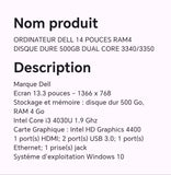 ORDINATEUR DELL 14 POUCES RAM4 DISQUE DURE 500GB DUAL CORE 3340/3350